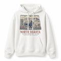 Vintage North Dakota State Graphic Pullover Hoodie in White, front view on a white background