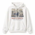 Vintage North Dakota State Graphic Pullover Hoodie in White, front view on a white background