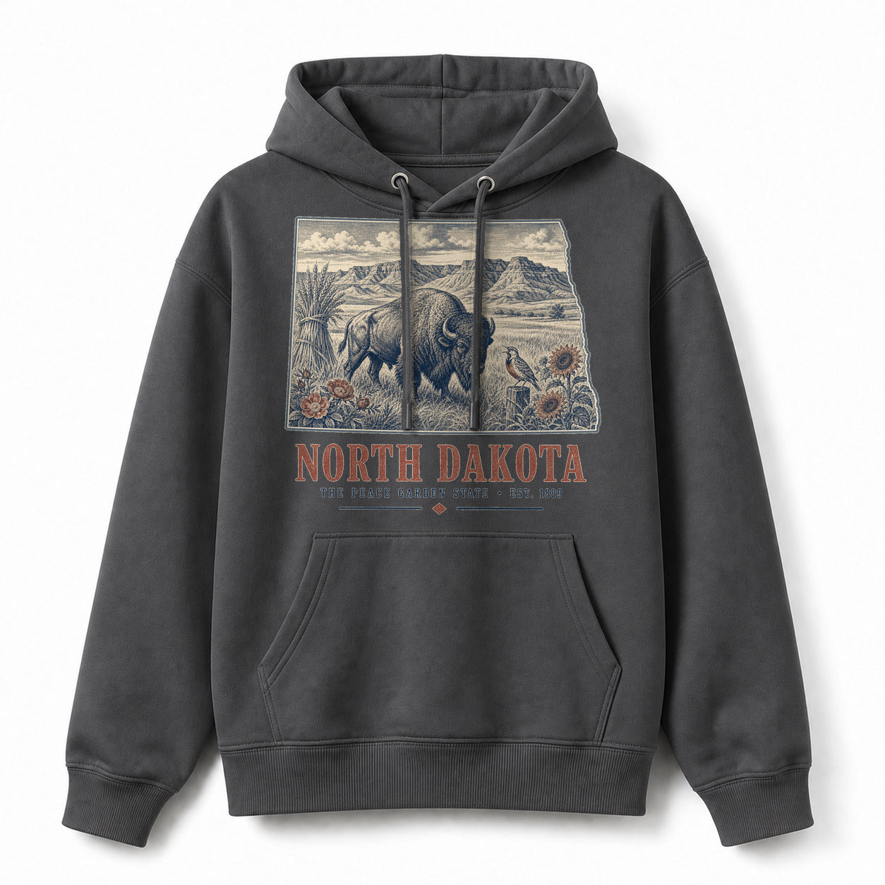 Vintage North Dakota State Graphic Pullover Hoodie in Dark Gray, front view on a white background