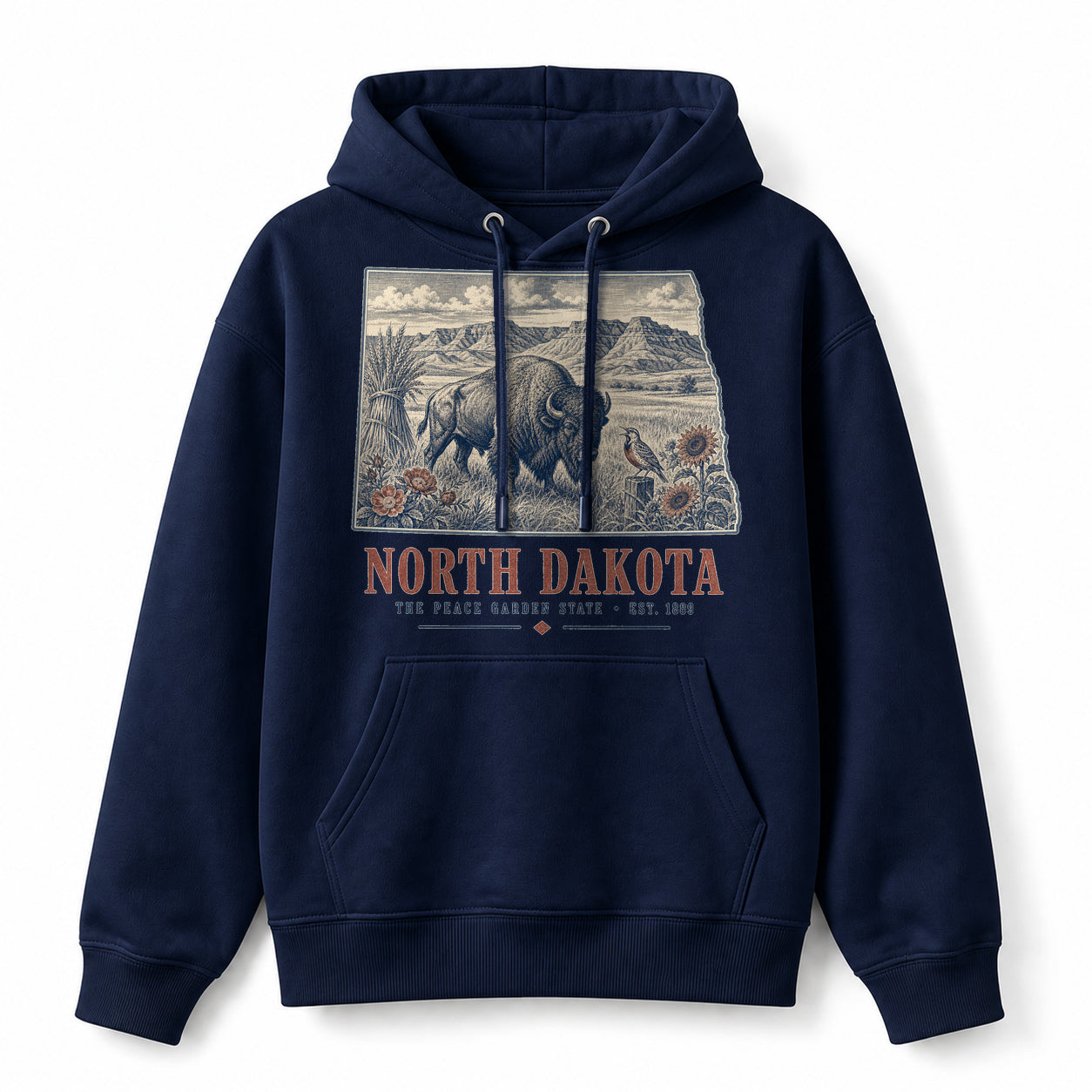 Vintage North Dakota State Graphic Pullover Hoodie in Navy, front view on a white background