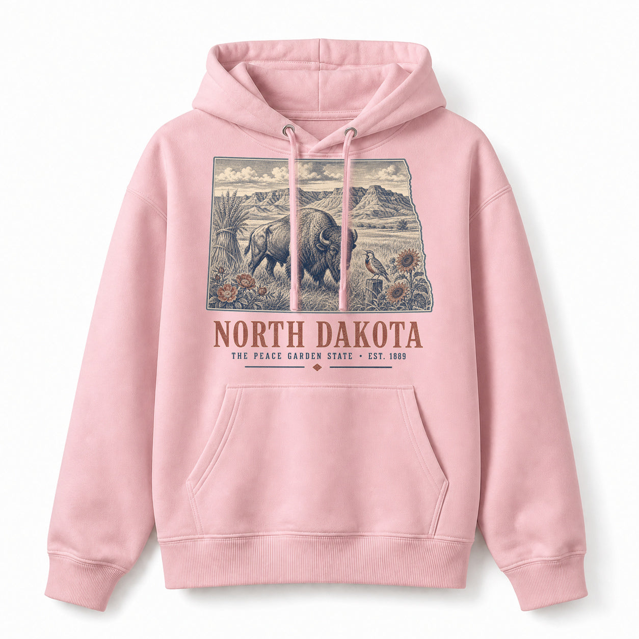 Vintage North Dakota State Graphic Pullover Hoodie in Light Pink, front view on a white background