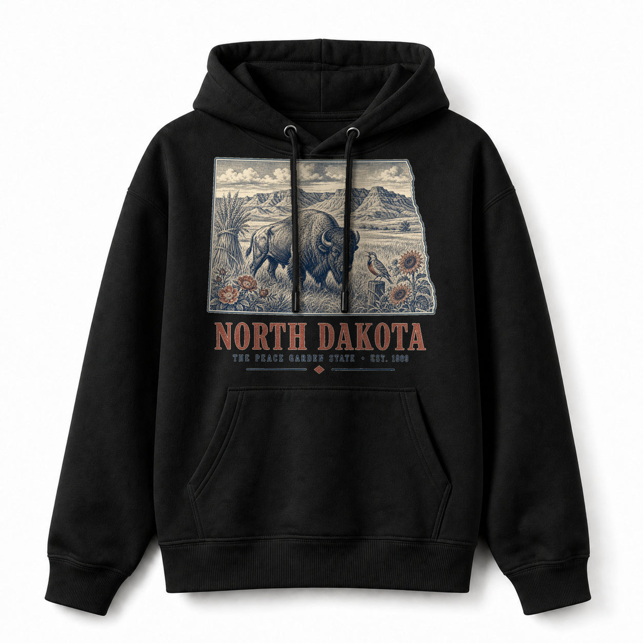 Vintage North Dakota State Graphic Pullover Hoodie in Black, front view on a white background