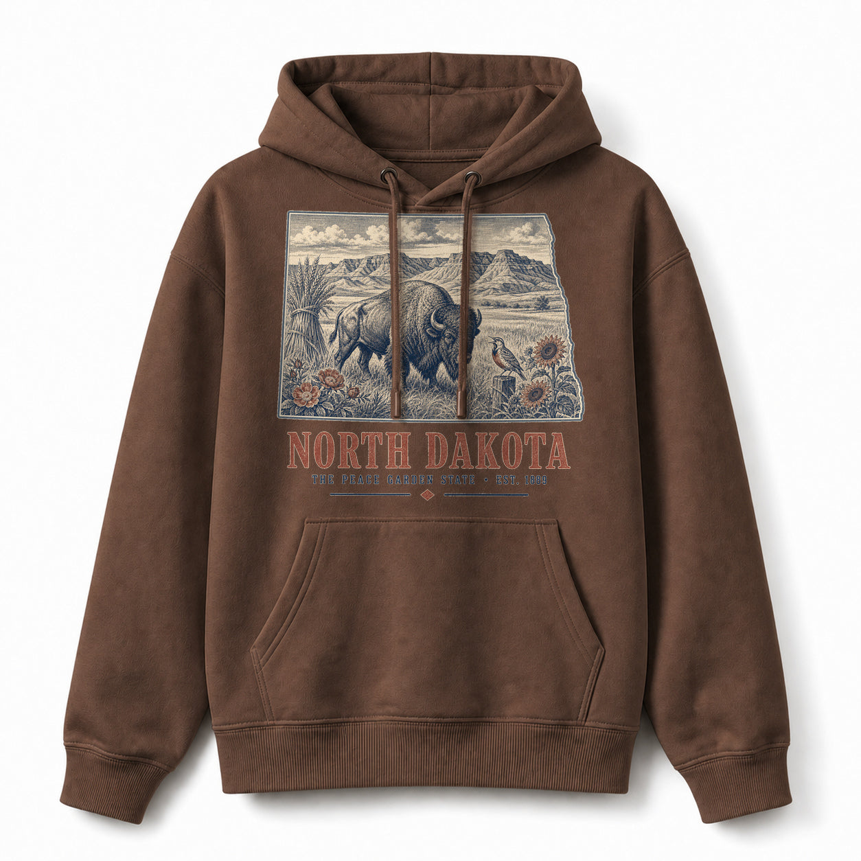 Vintage North Dakota State Graphic Pullover Hoodie in Coffee Brown, front view on a white background