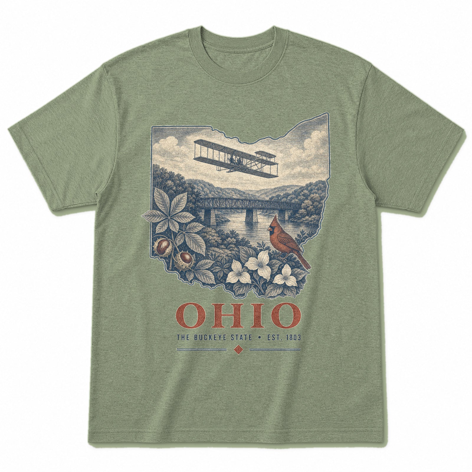 Vintage Ohio State Graphic T-Shirt in Light Sage Green, front view on a white background