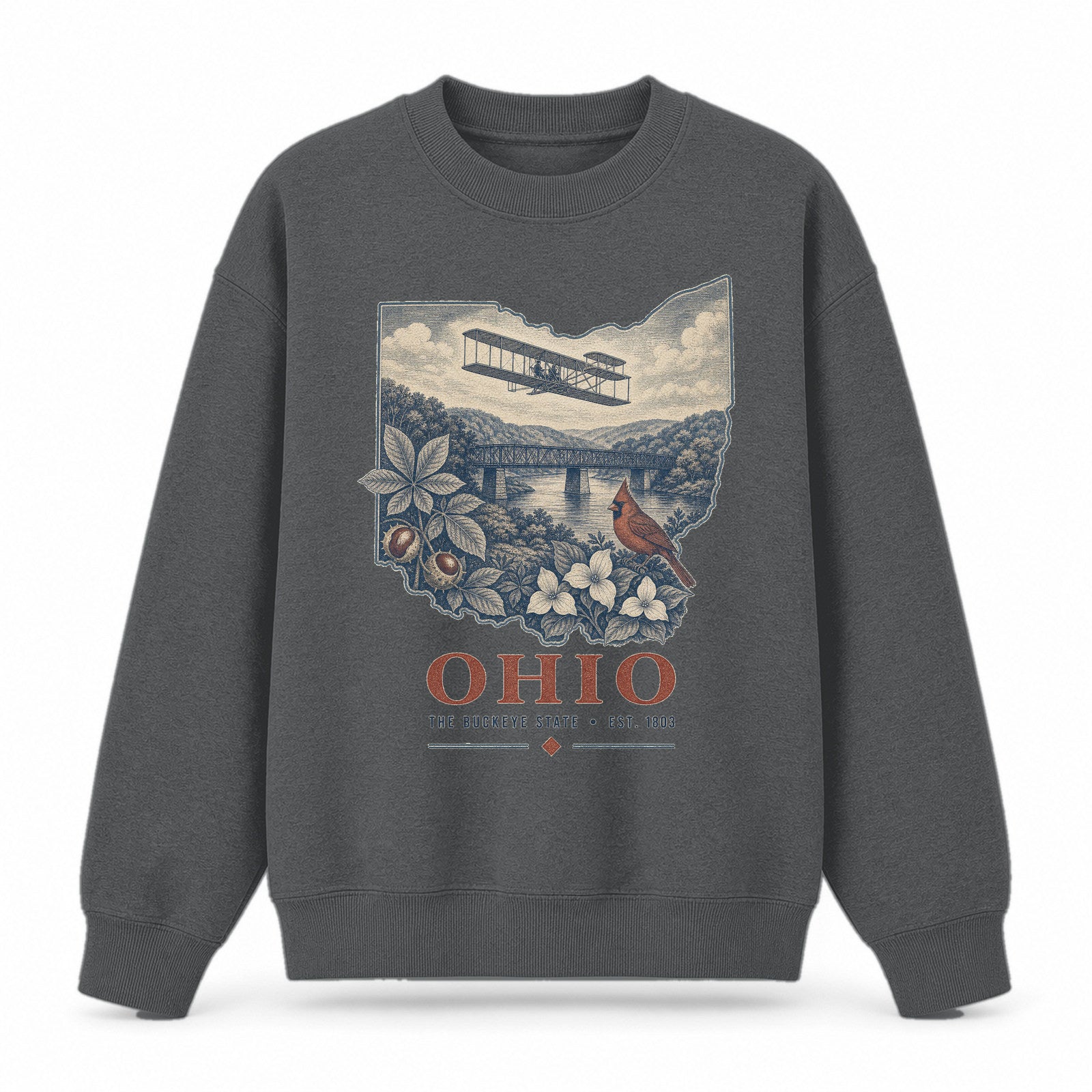 Vintage Ohio State Graphic Crewneck Sweatshirt in Dark Gray, front view on a white background