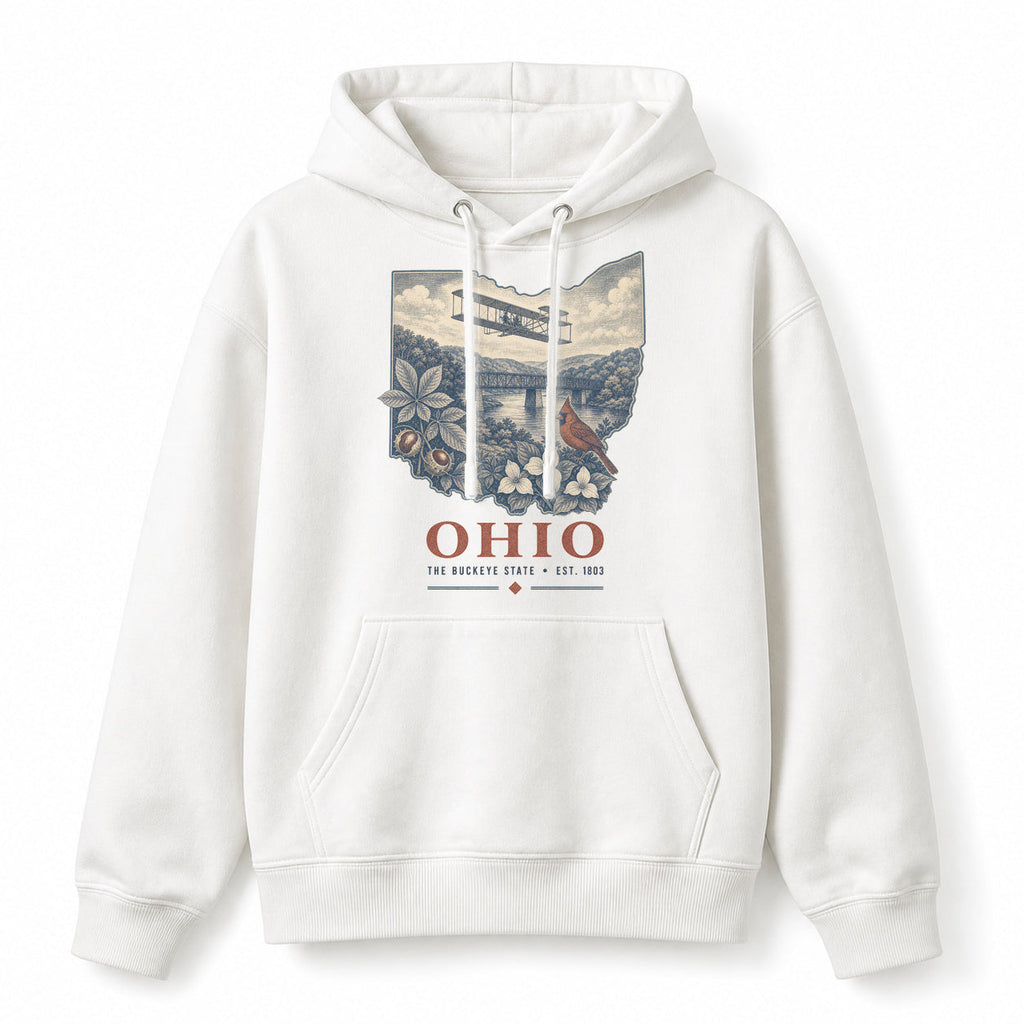 Vintage Ohio State Graphic Pullover Hoodie in White, front view on a white background