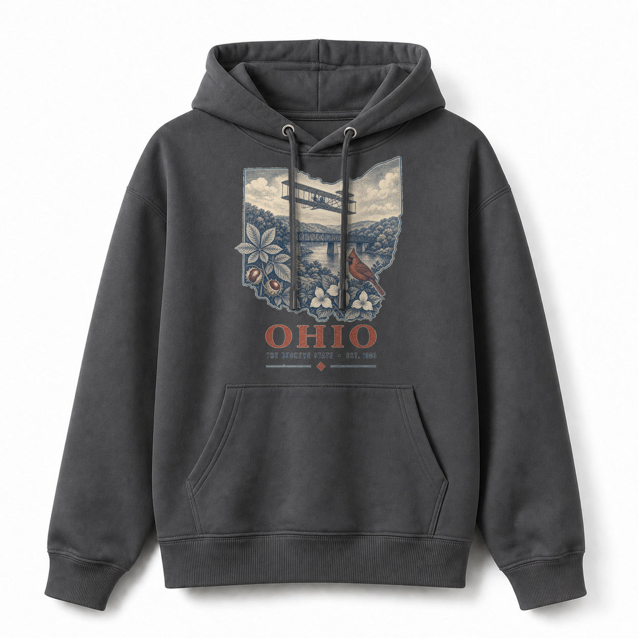 Vintage Ohio State Graphic Pullover Hoodie in Dark Gray, front view on a white background