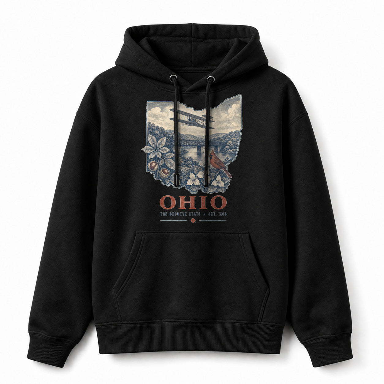 Vintage Ohio State Graphic Pullover Hoodie in Black, front view on a white background