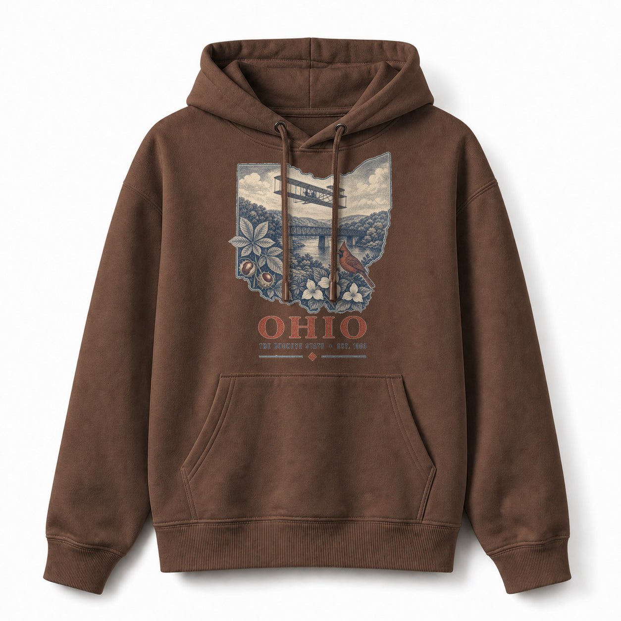 Vintage Ohio State Graphic Pullover Hoodie in Coffee Brown, front view on a white background