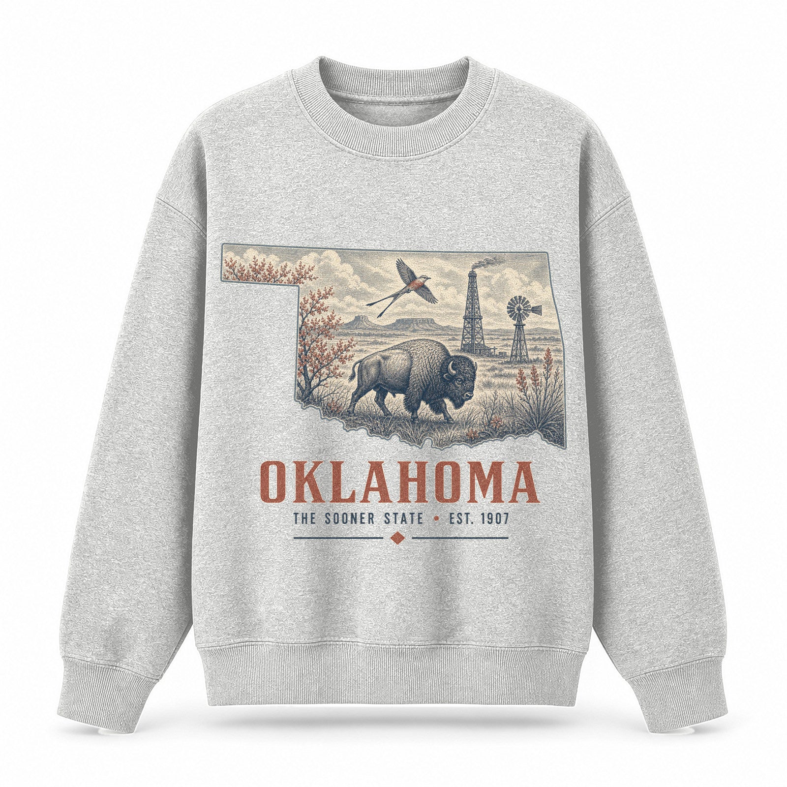 Vintage Oklahoma State Graphic Crewneck Sweatshirt in Light Gray, front view on a white background