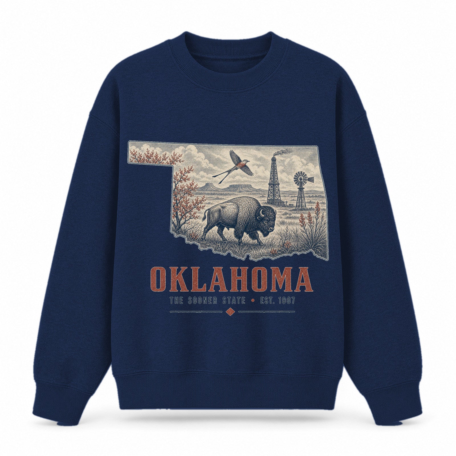 Vintage Oklahoma State Graphic Crewneck Sweatshirt in Navy, front view on a white background