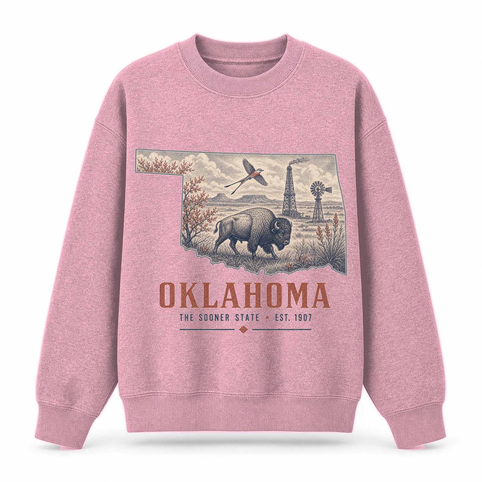 Vintage Oklahoma State Graphic Crewneck Sweatshirt in Pink, front view on a white background