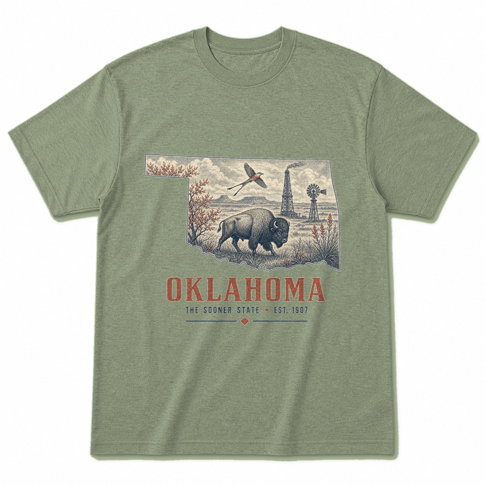 Vintage Oklahoma State Graphic T-Shirt in Light Sage Green, front view on a white background