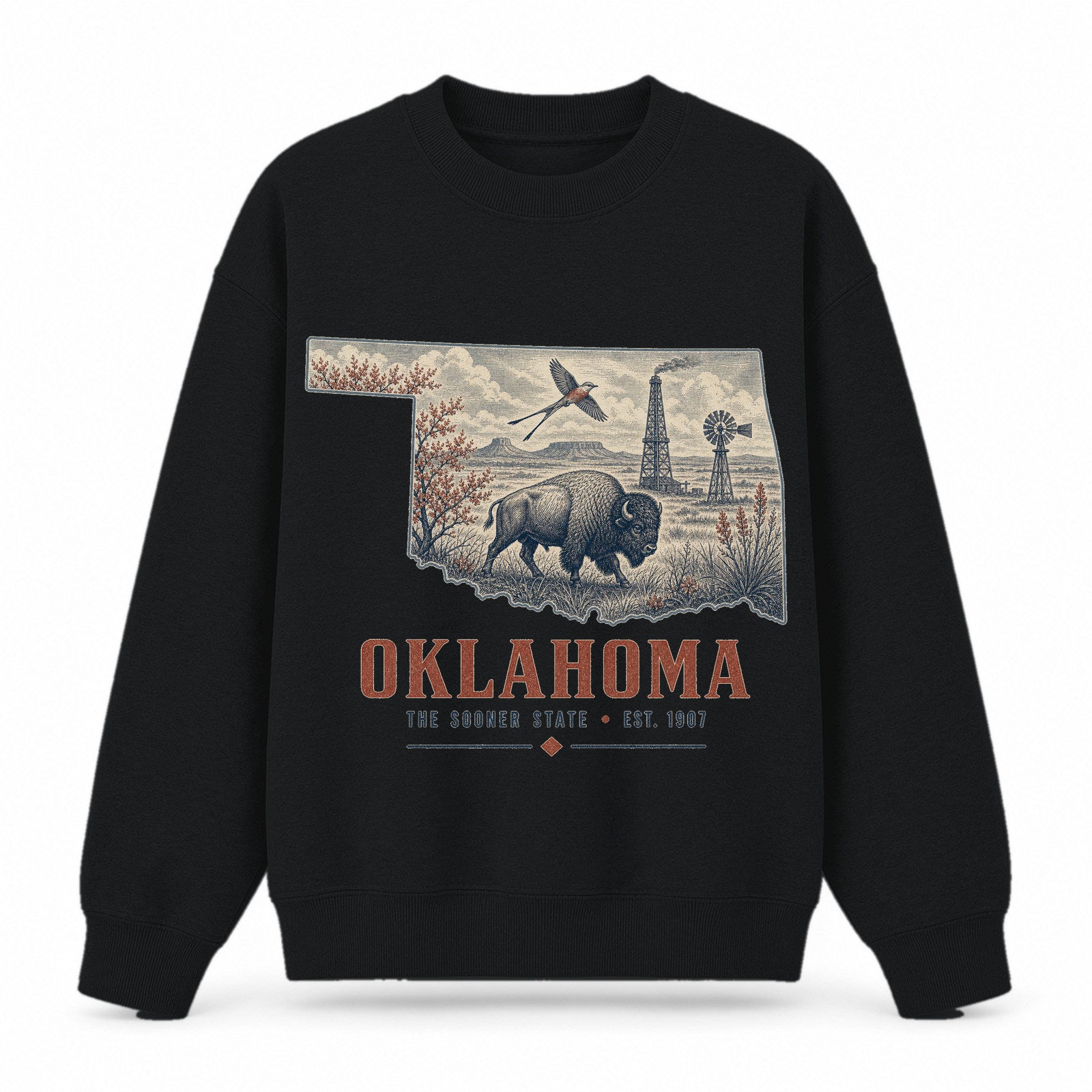 Vintage Oklahoma State Graphic Crewneck Sweatshirt in Black, front view on a white background