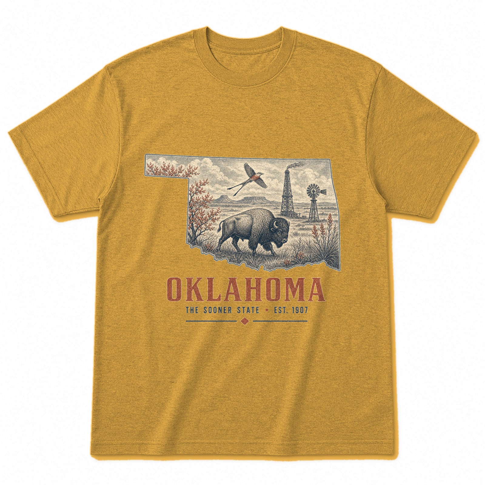 Vintage Oklahoma State Graphic T-Shirt in Vintage Mustard Yellow, front view on a white background