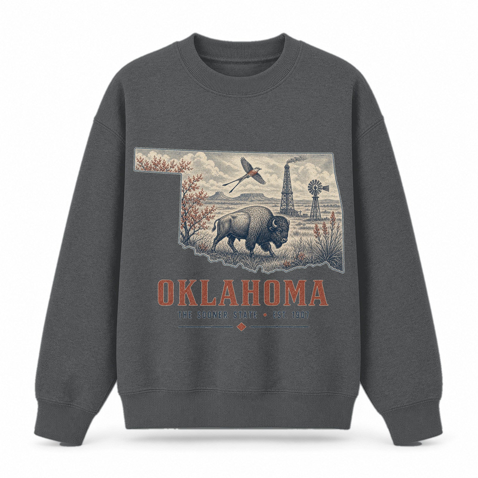 Vintage Oklahoma State Graphic Crewneck Sweatshirt in Dark Gray, front view on a white background