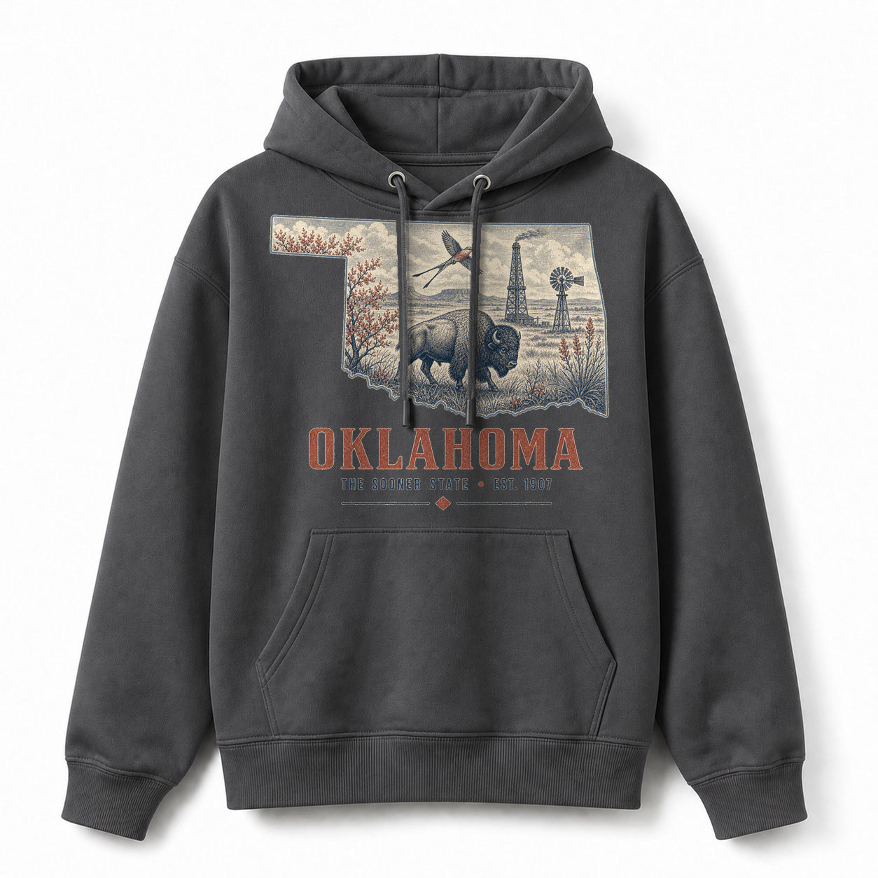 Vintage Oklahoma State Graphic Pullover Hoodie in Dark Gray, front view on a white background