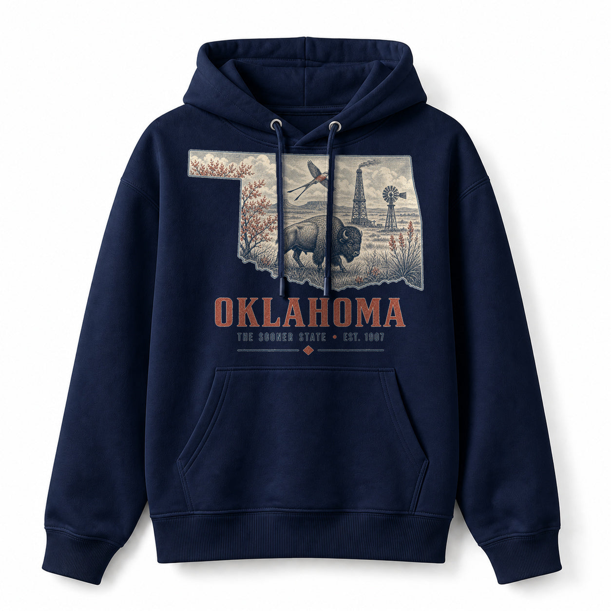 Vintage Oklahoma State Graphic Pullover Hoodie in Navy, front view on a white background
