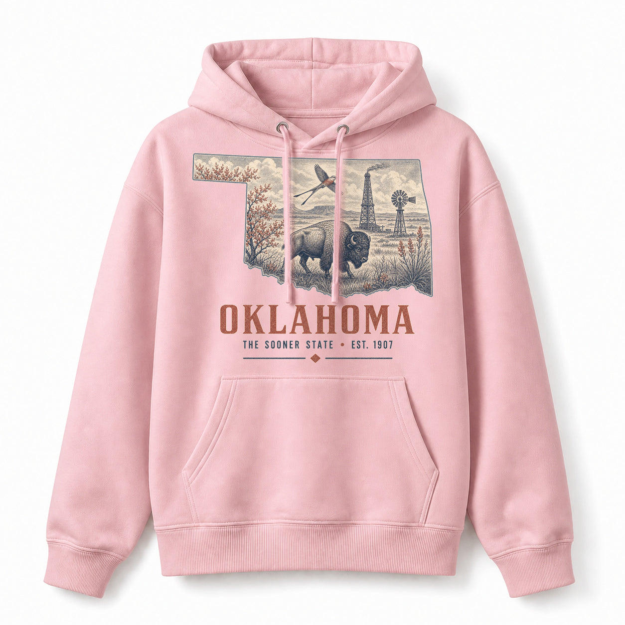 Vintage Oklahoma State Graphic Pullover Hoodie in Light Pink, front view on a white background