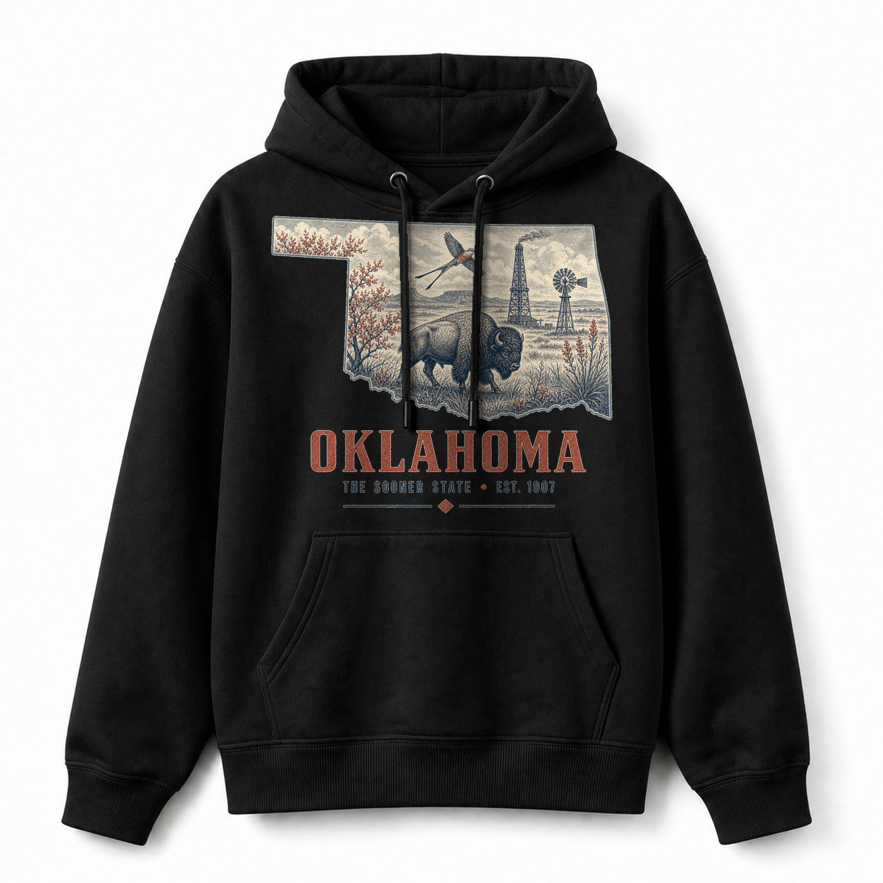 Vintage Oklahoma State Graphic Pullover Hoodie in Black, front view on a white background