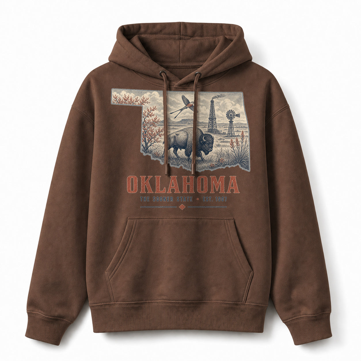 Vintage Oklahoma State Graphic Pullover Hoodie in Coffee Brown, front view on a white background