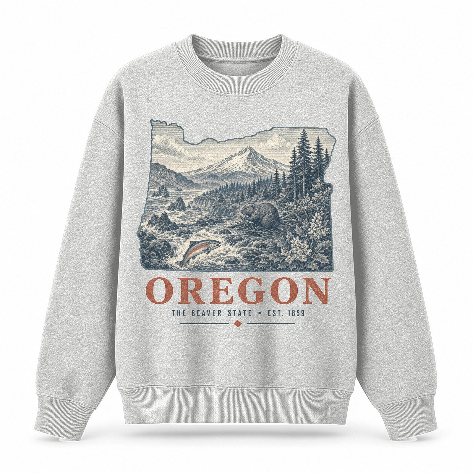 Vintage Oregon State Graphic Crewneck Sweatshirt in Light Gray, front view on a white background