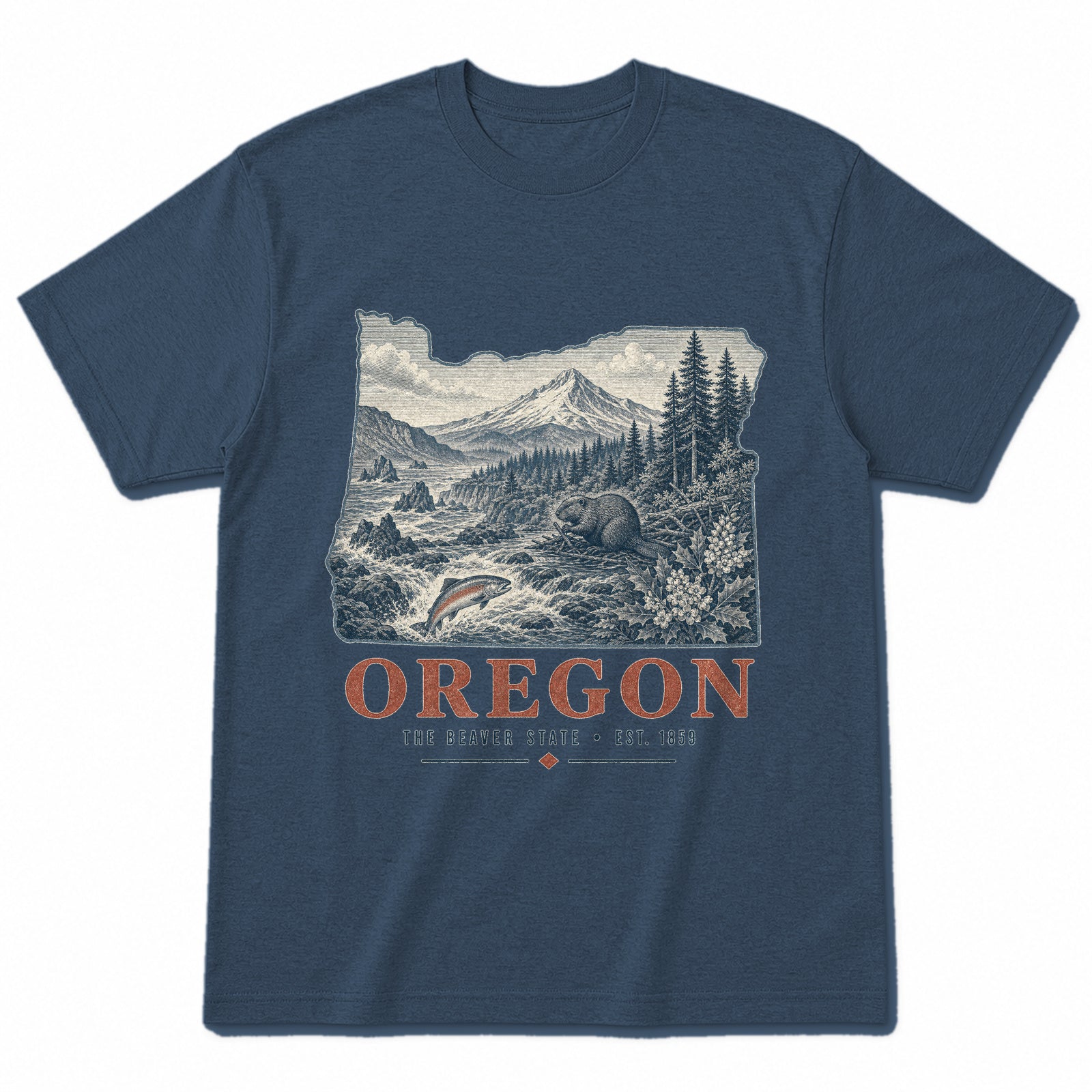 Vintage Oregon State Graphic T-Shirt in Washed Navy, front view on a white background