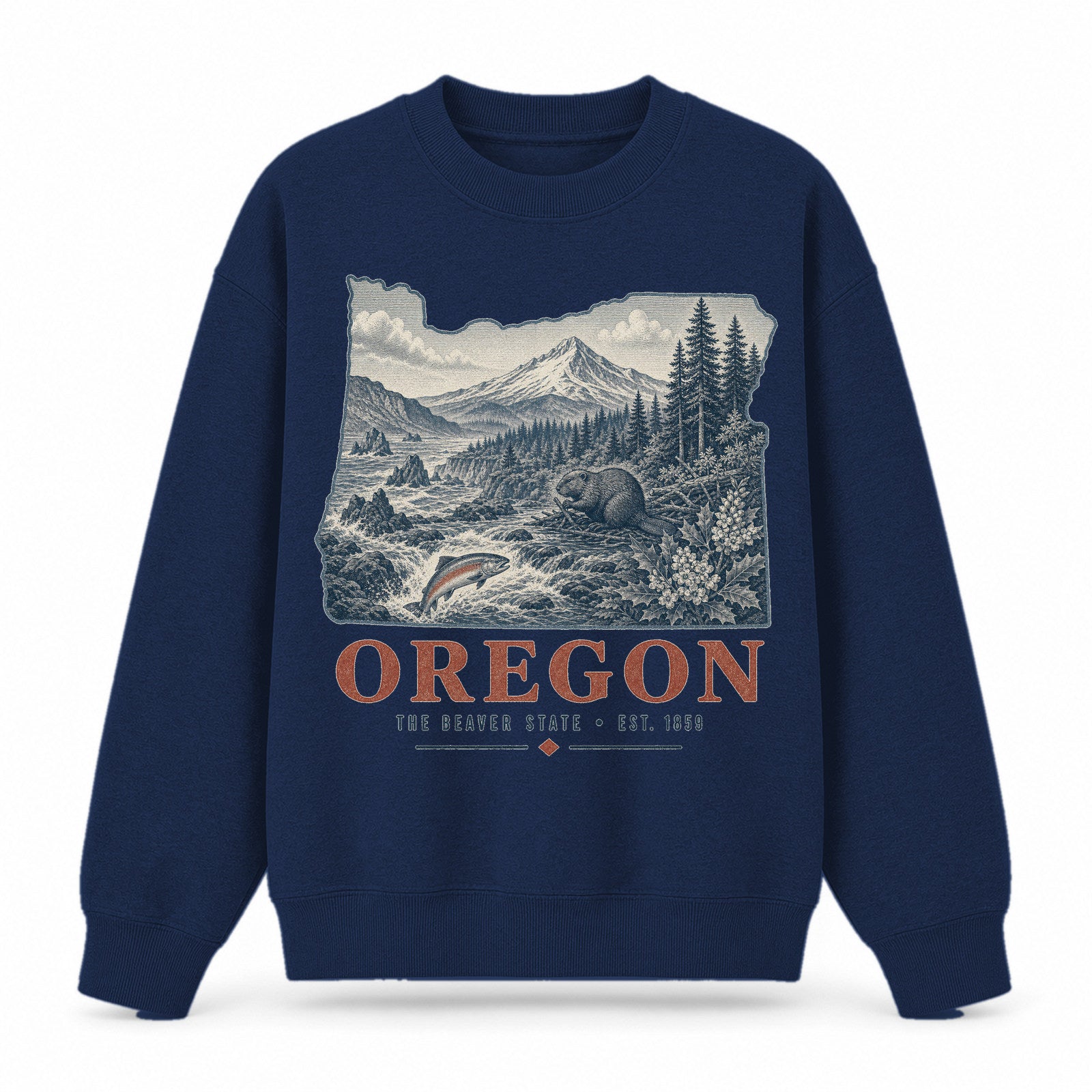 Vintage Oregon State Graphic Crewneck Sweatshirt in Navy, front view on a white background
