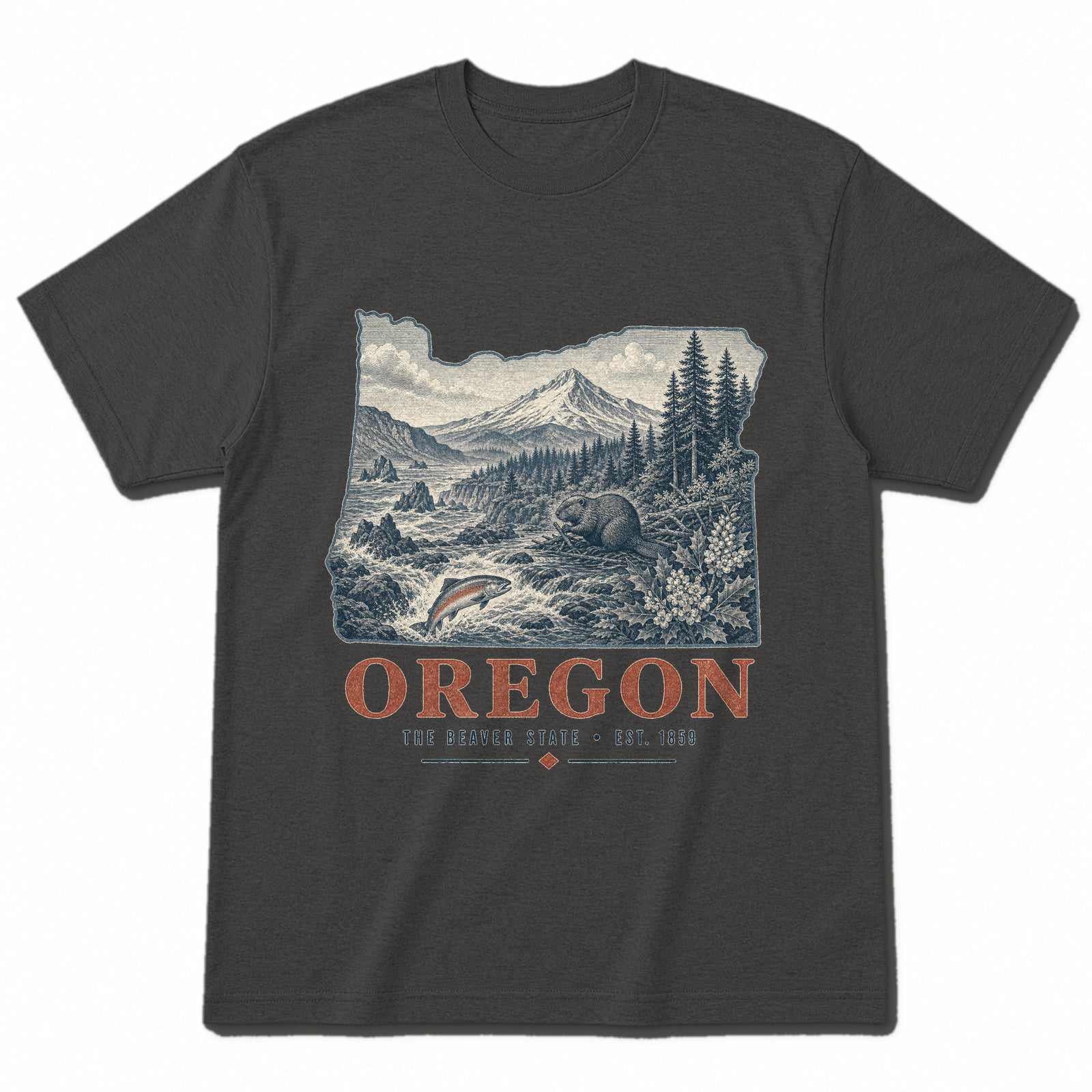 Vintage Oregon State Graphic T-Shirt in Vintage Charcoal, front view on a white background
