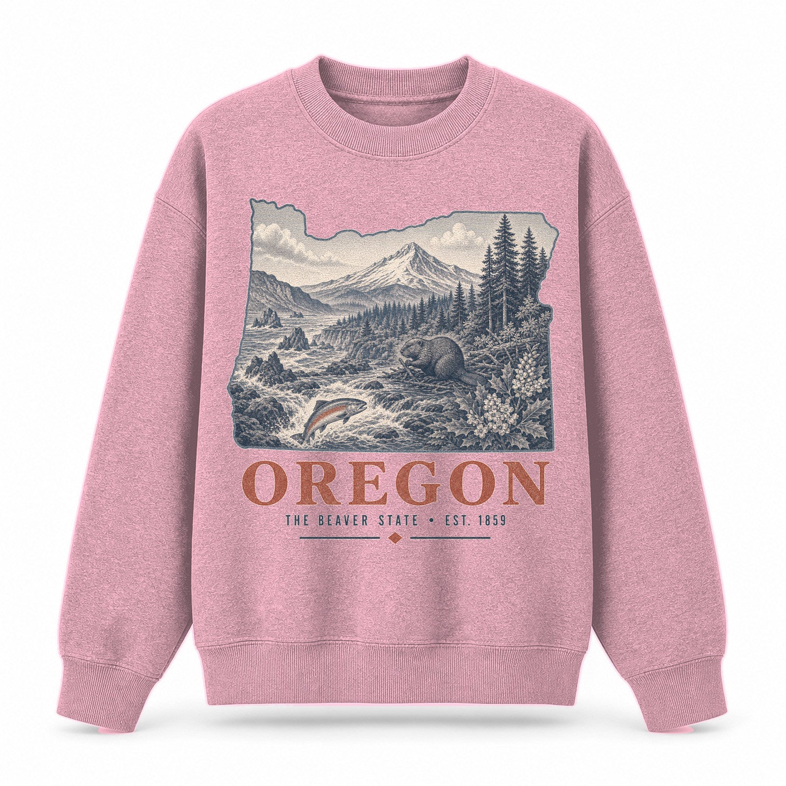 Vintage Oregon State Graphic Crewneck Sweatshirt in Pink, front view on a white background