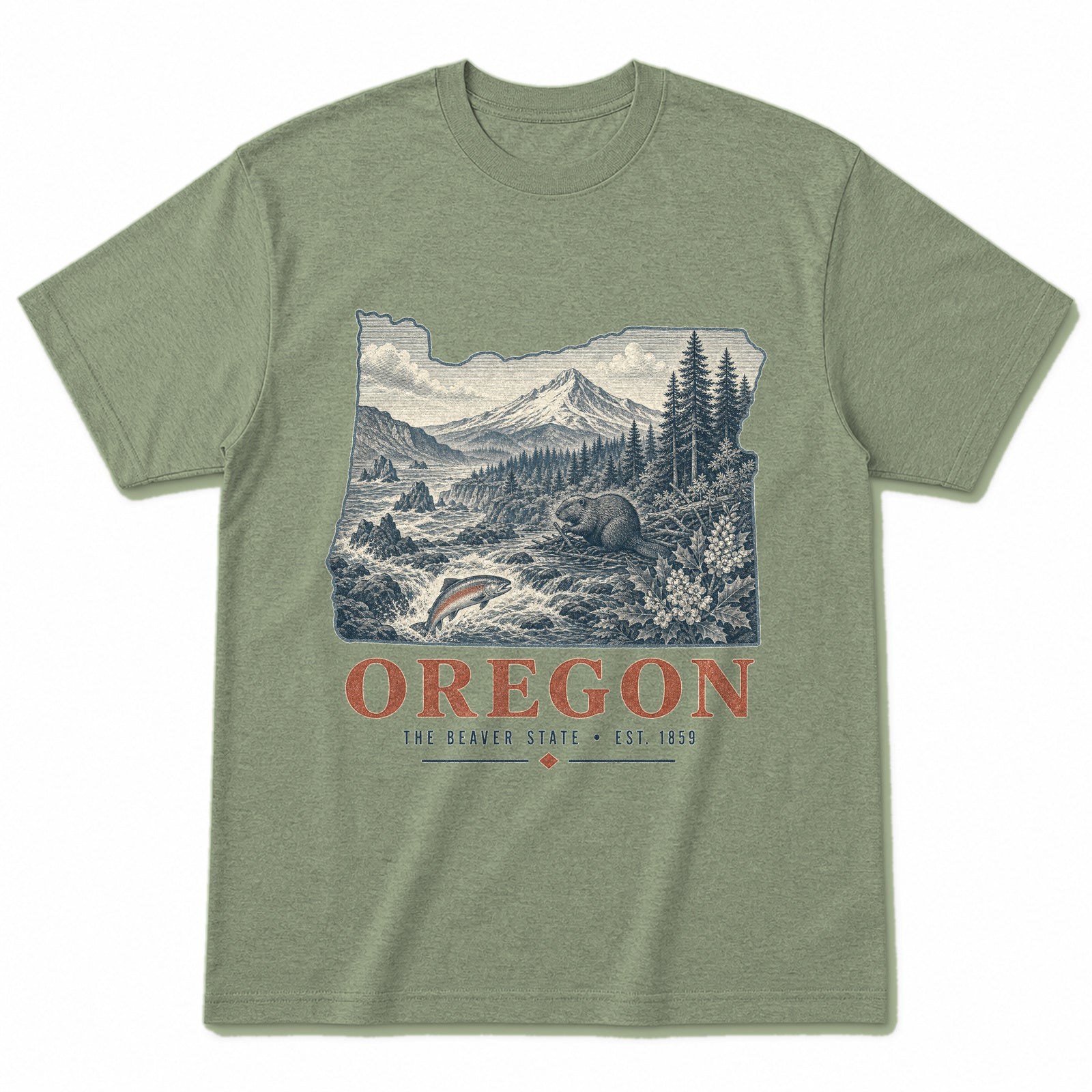 Vintage Oregon State Graphic T-Shirt in Light Sage Green, front view on a white background