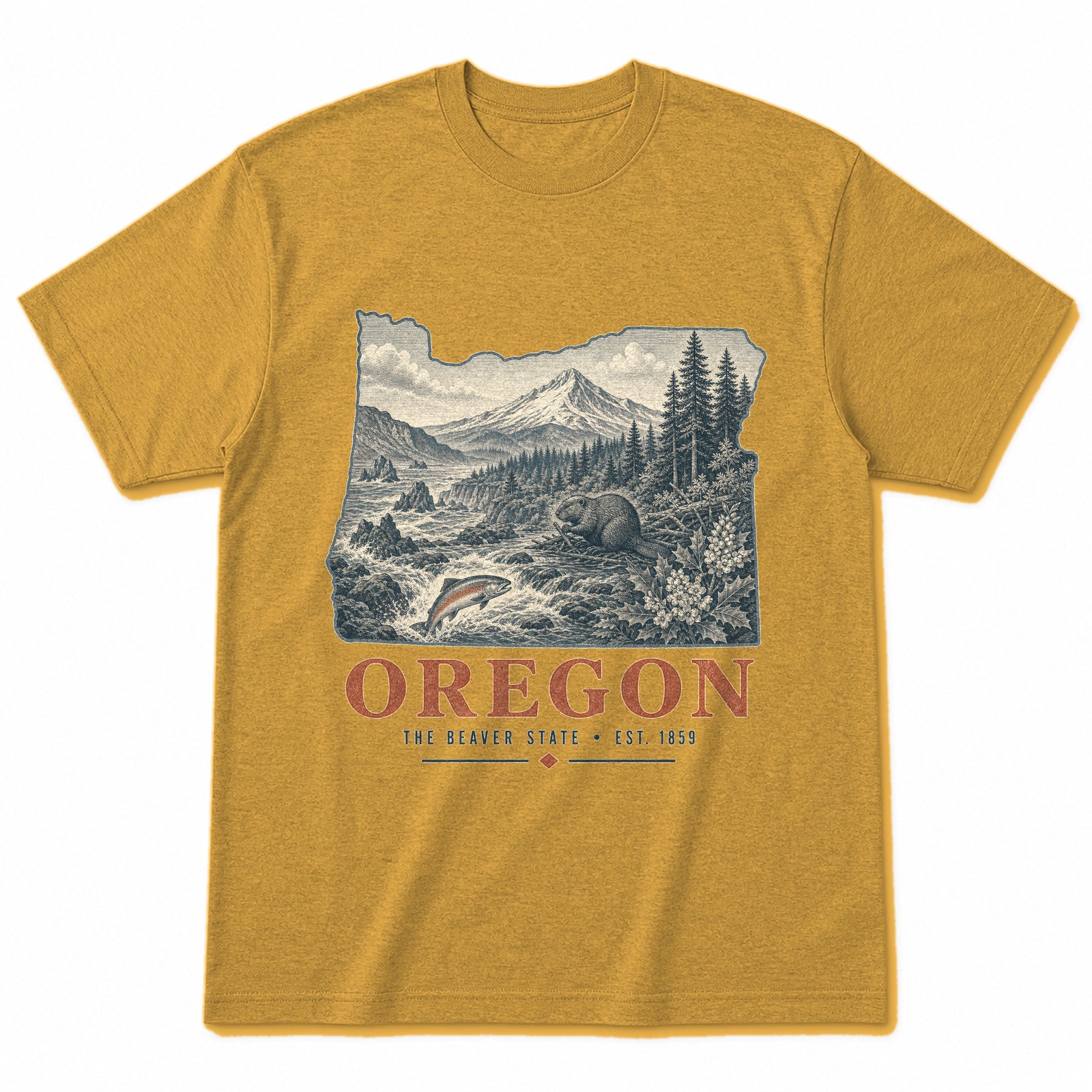 Vintage Oregon State Graphic T-Shirt in Vintage Mustard Yellow, front view on a white background