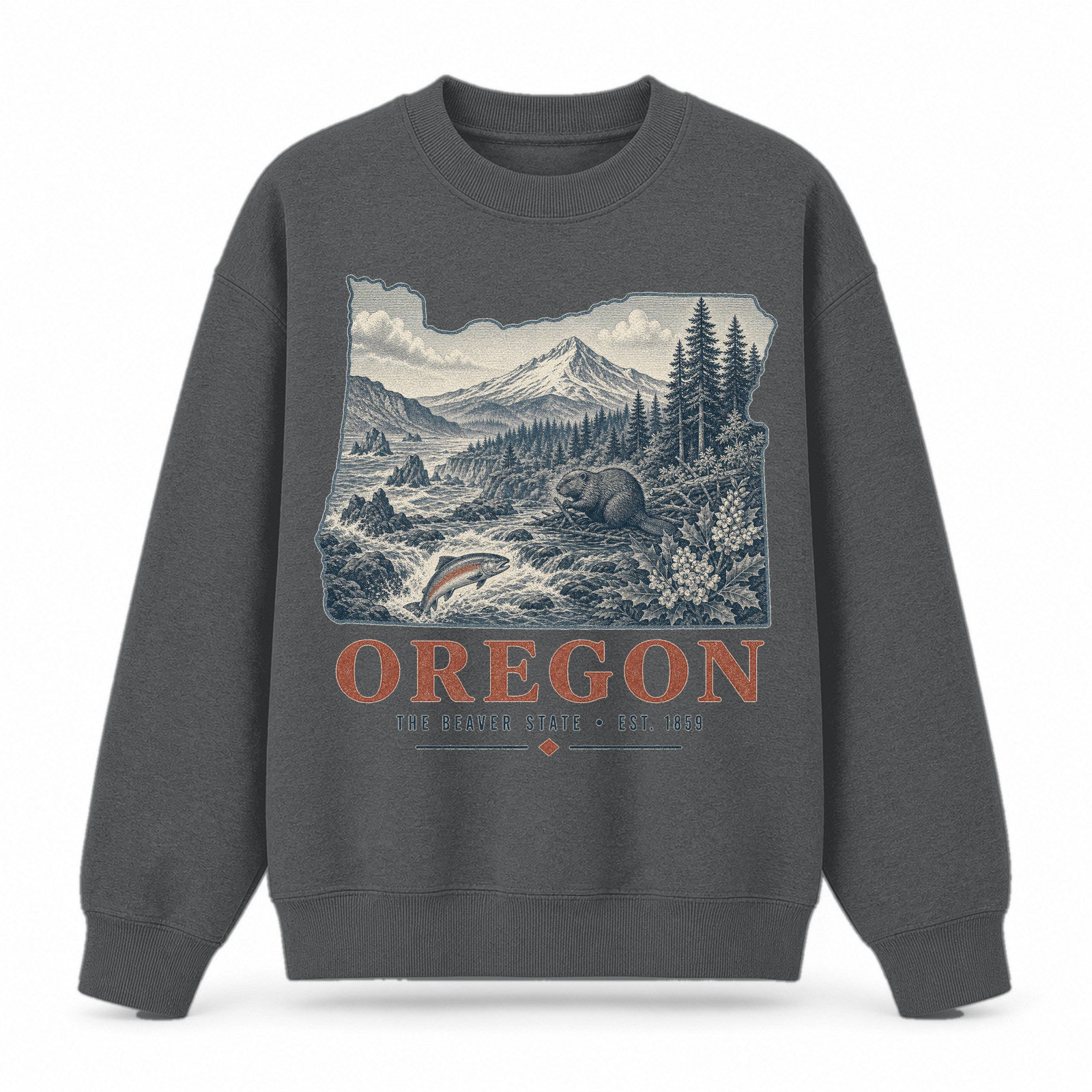 Vintage Oregon State Graphic Crewneck Sweatshirt in Dark Gray, front view on a white background