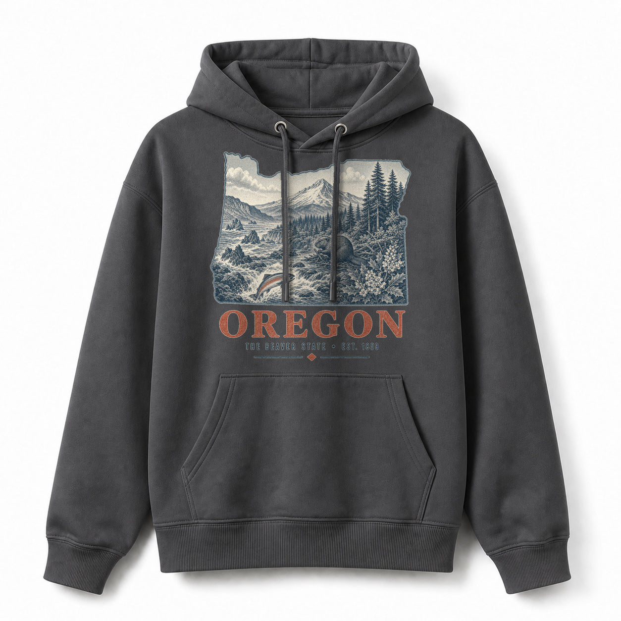 Vintage Oregon State Graphic Pullover Hoodie in Dark Gray, front view on a white background