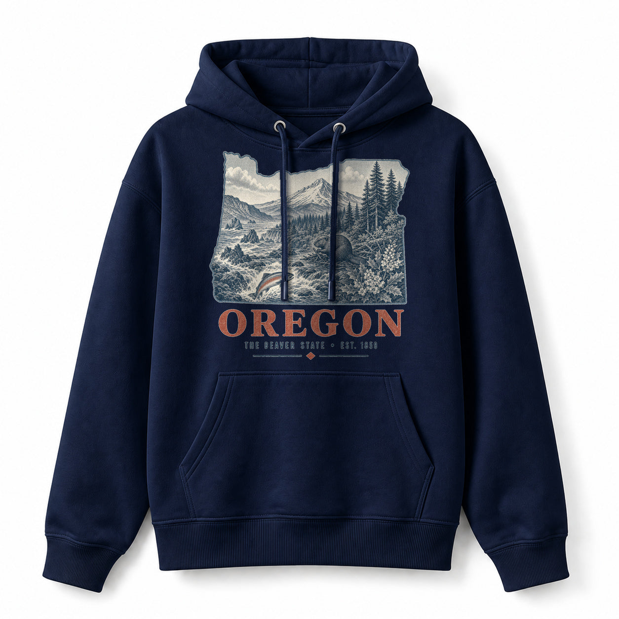 Vintage Oregon State Graphic Pullover Hoodie in Navy, front view on a white background