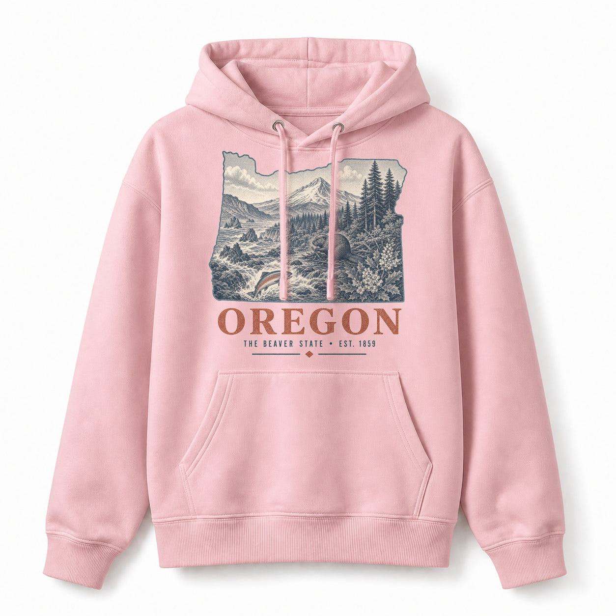Vintage Oregon State Graphic Pullover Hoodie in Light Pink, front view on a white background