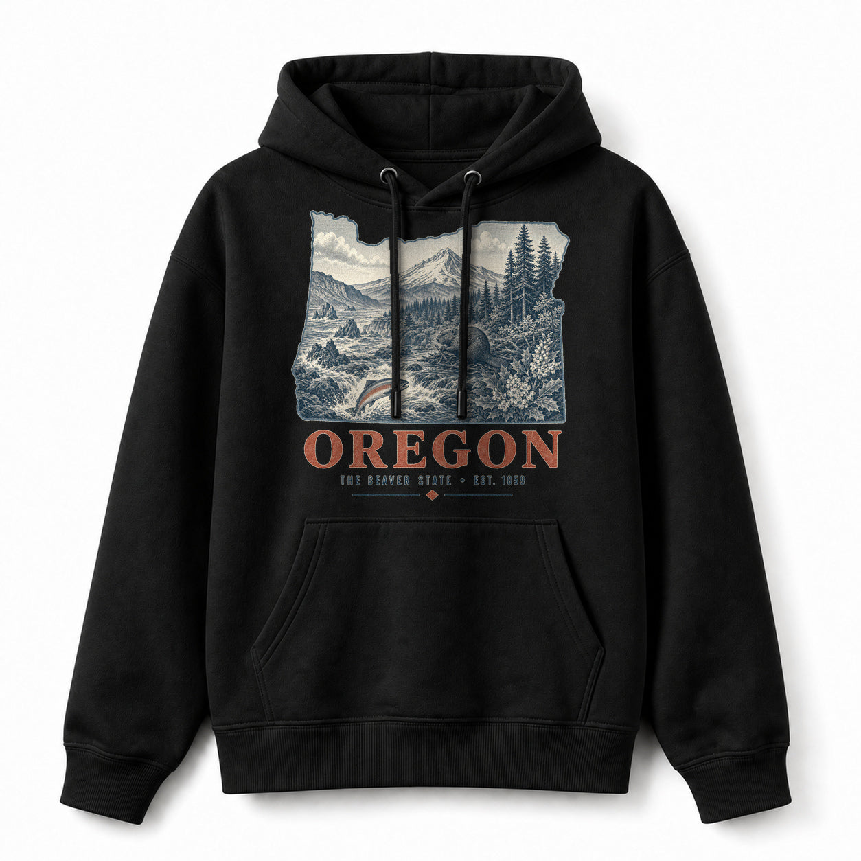 Vintage Oregon State Graphic Pullover Hoodie in Black, front view on a white background