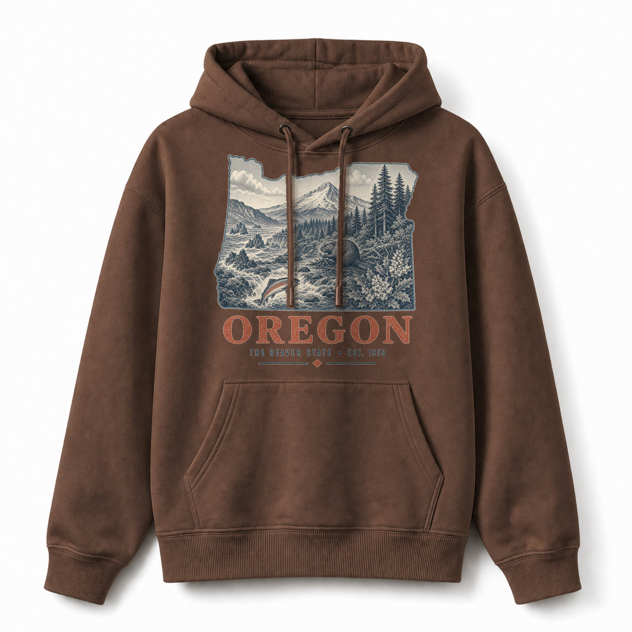Vintage Oregon State Graphic Pullover Hoodie in Coffee Brown, front view on a white background