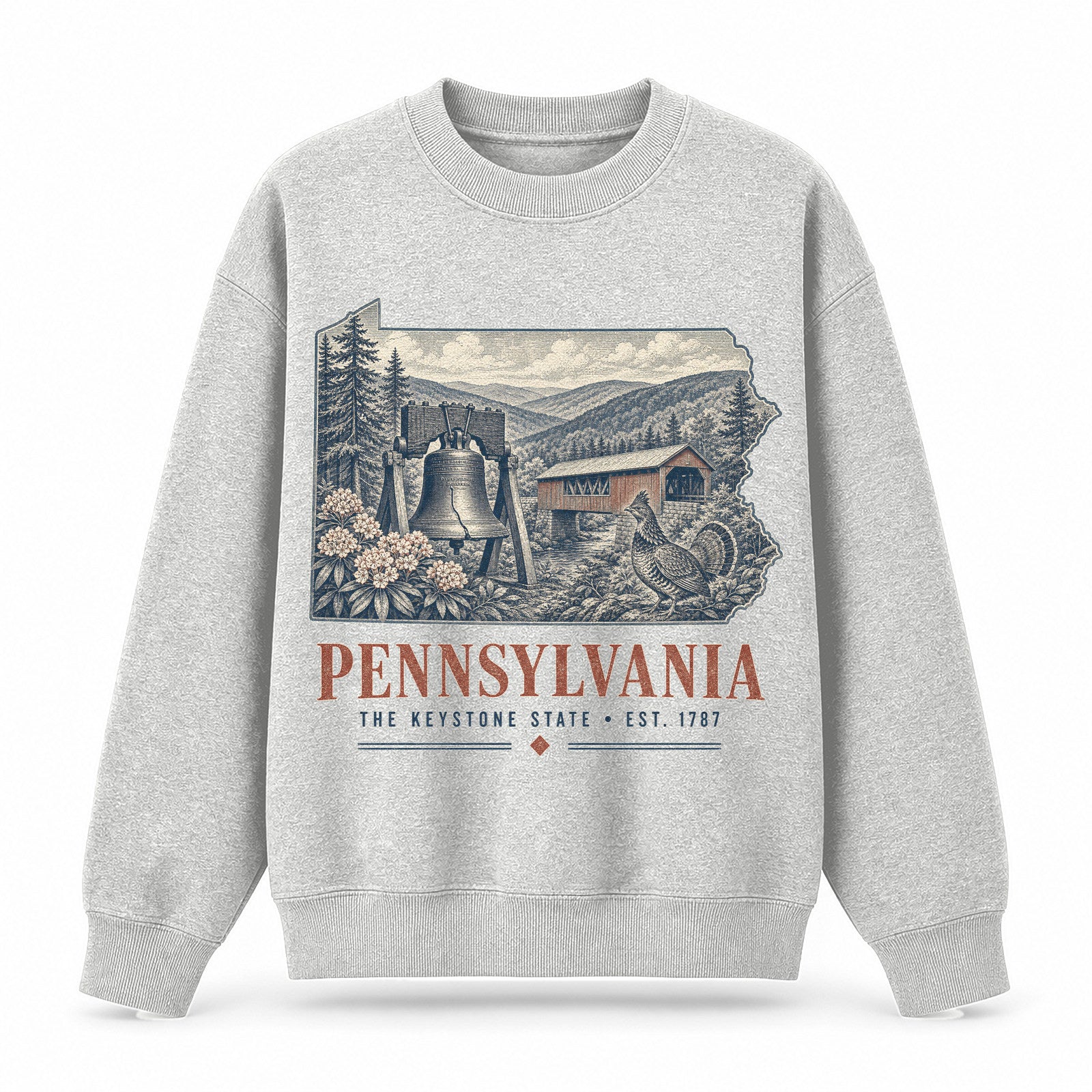 Vintage Pennsylvania State Graphic Crewneck Sweatshirt in Light Gray, front view on a white background