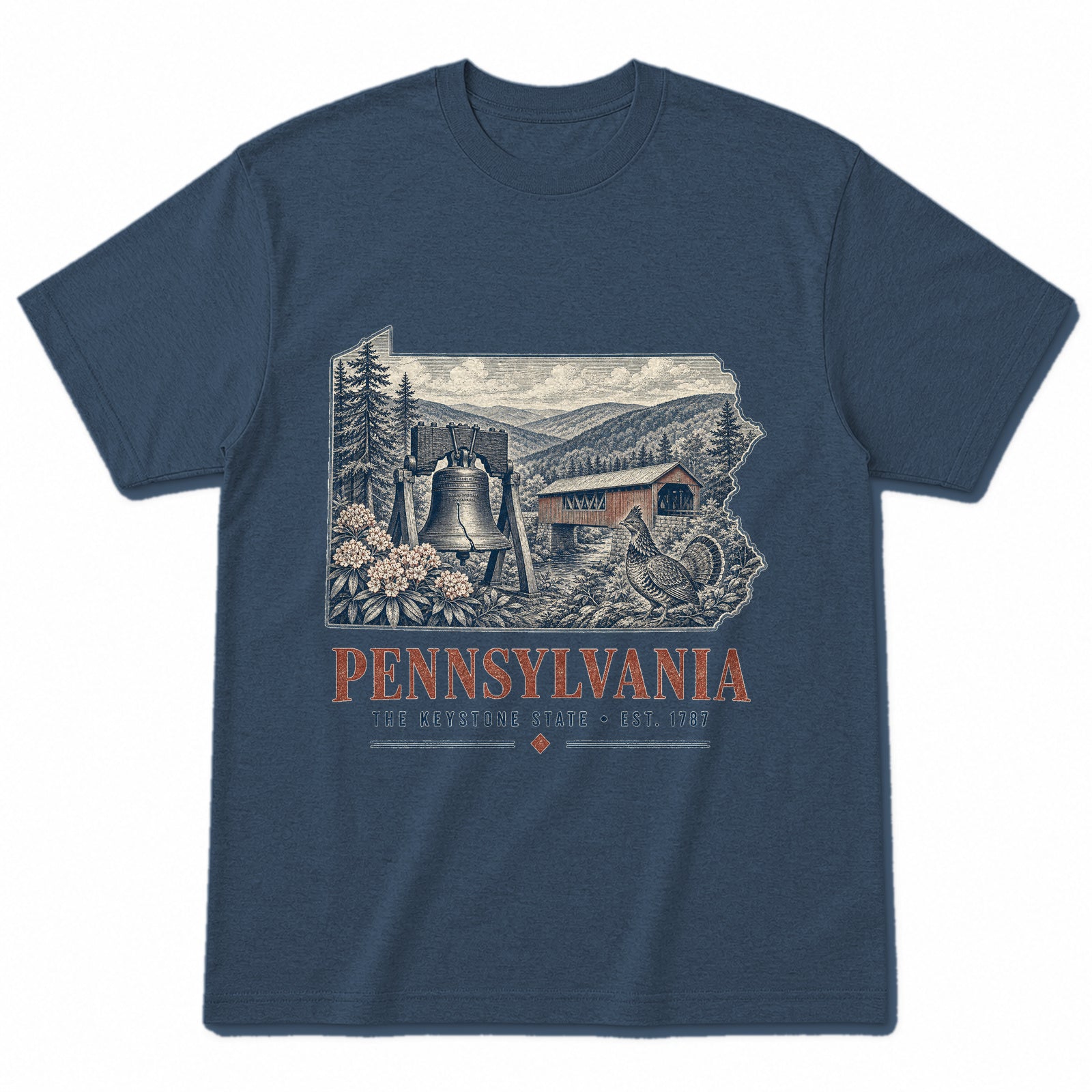 Vintage Pennsylvania State Graphic T-Shirt in Washed Navy, front view on a white background