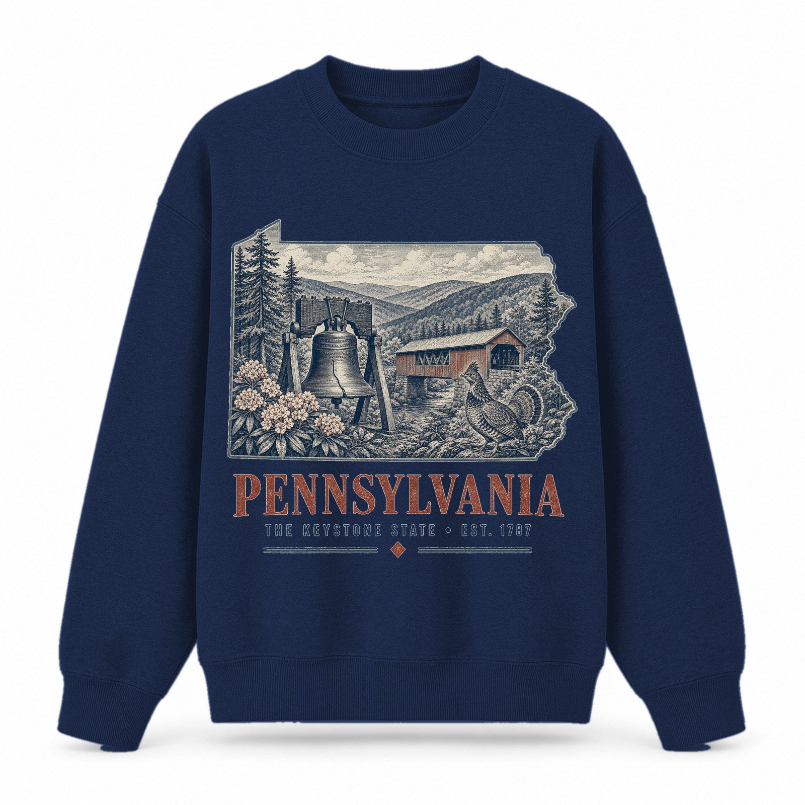 Vintage Pennsylvania State Graphic Crewneck Sweatshirt in Navy, front view on a white background