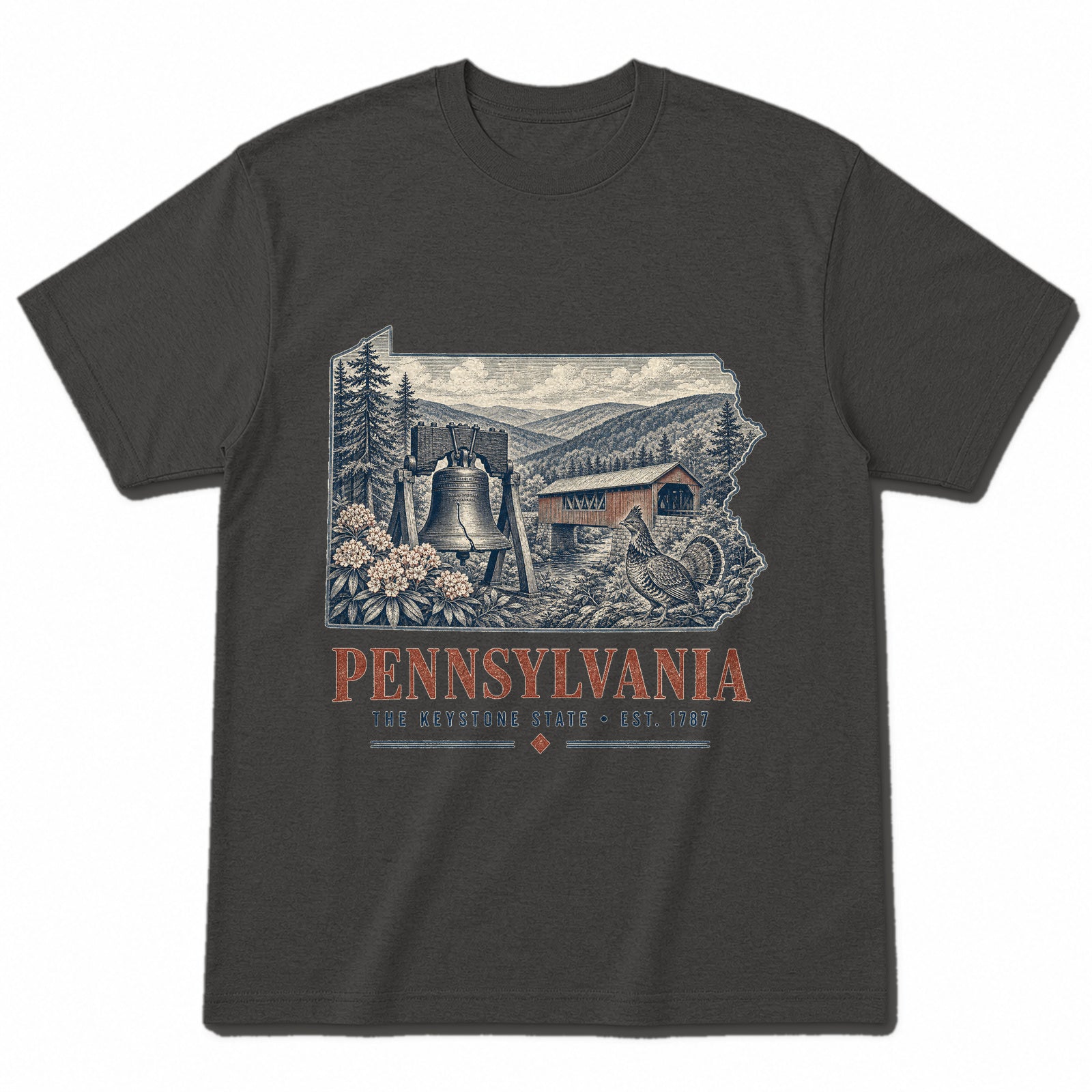 Vintage Pennsylvania State Graphic T-Shirt in Vintage Charcoal, front view on a white background