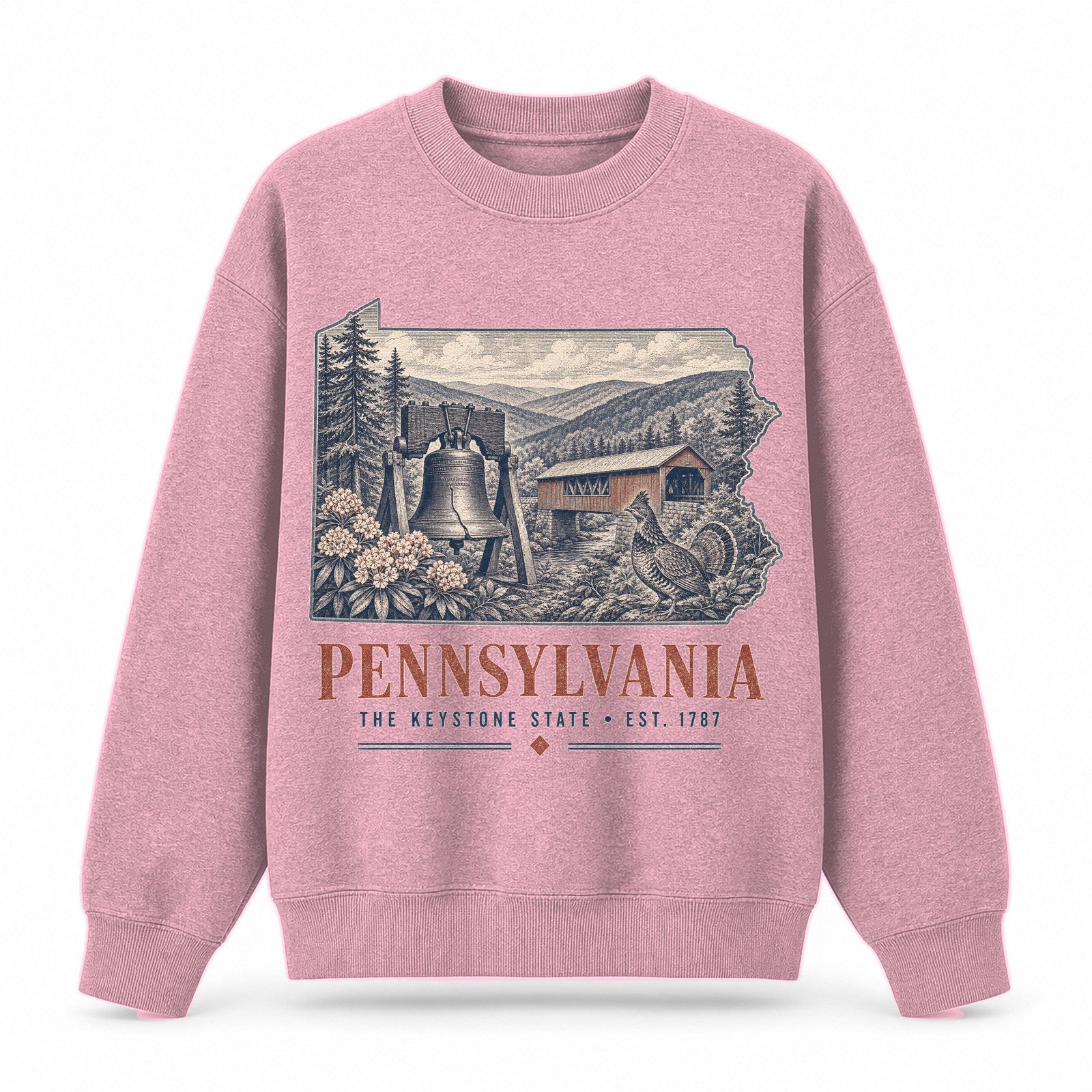 Vintage Pennsylvania State Graphic Crewneck Sweatshirt in Pink, front view on a white background