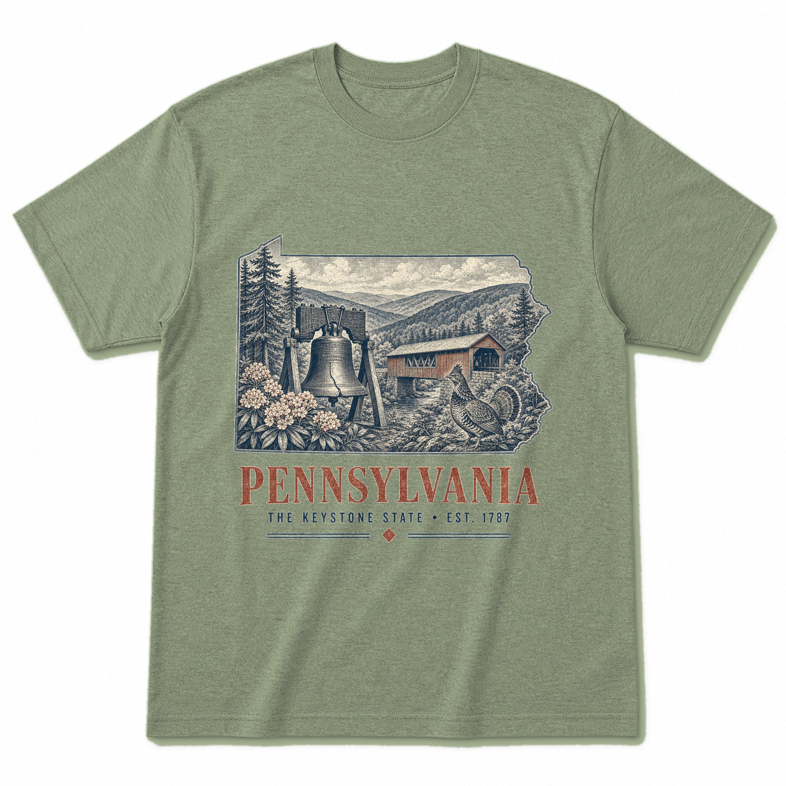 Vintage Pennsylvania State Graphic T-Shirt in Light Sage Green, front view on a white background