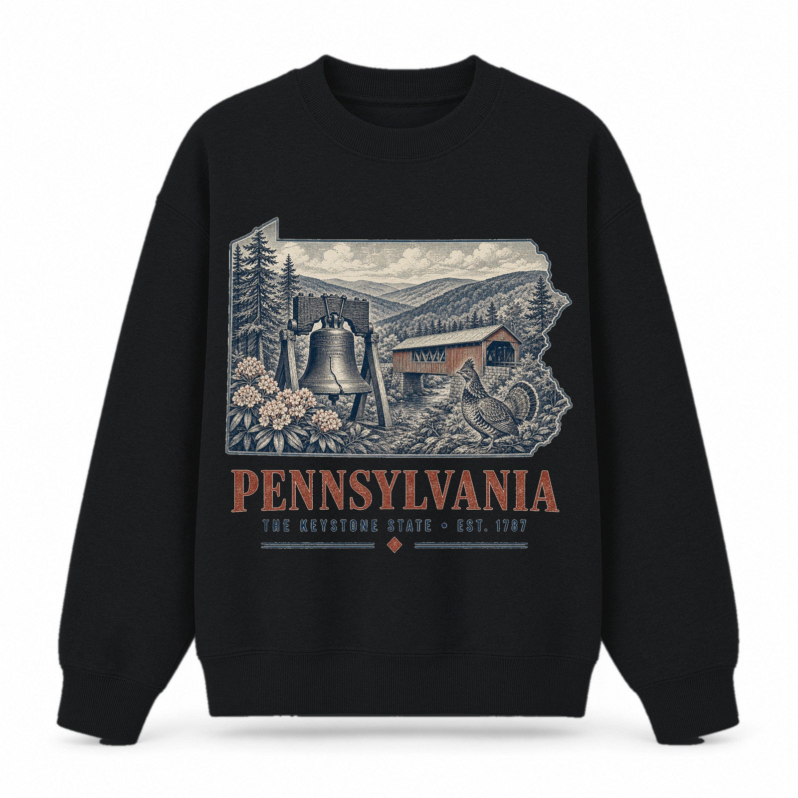 Vintage Pennsylvania State Graphic Crewneck Sweatshirt in Black, front view on a white background