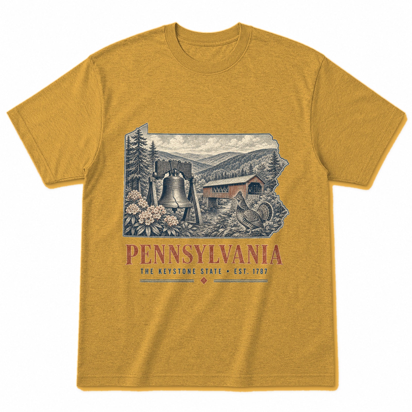 Vintage Pennsylvania State Graphic T-Shirt in Vintage Mustard Yellow, front view on a white background