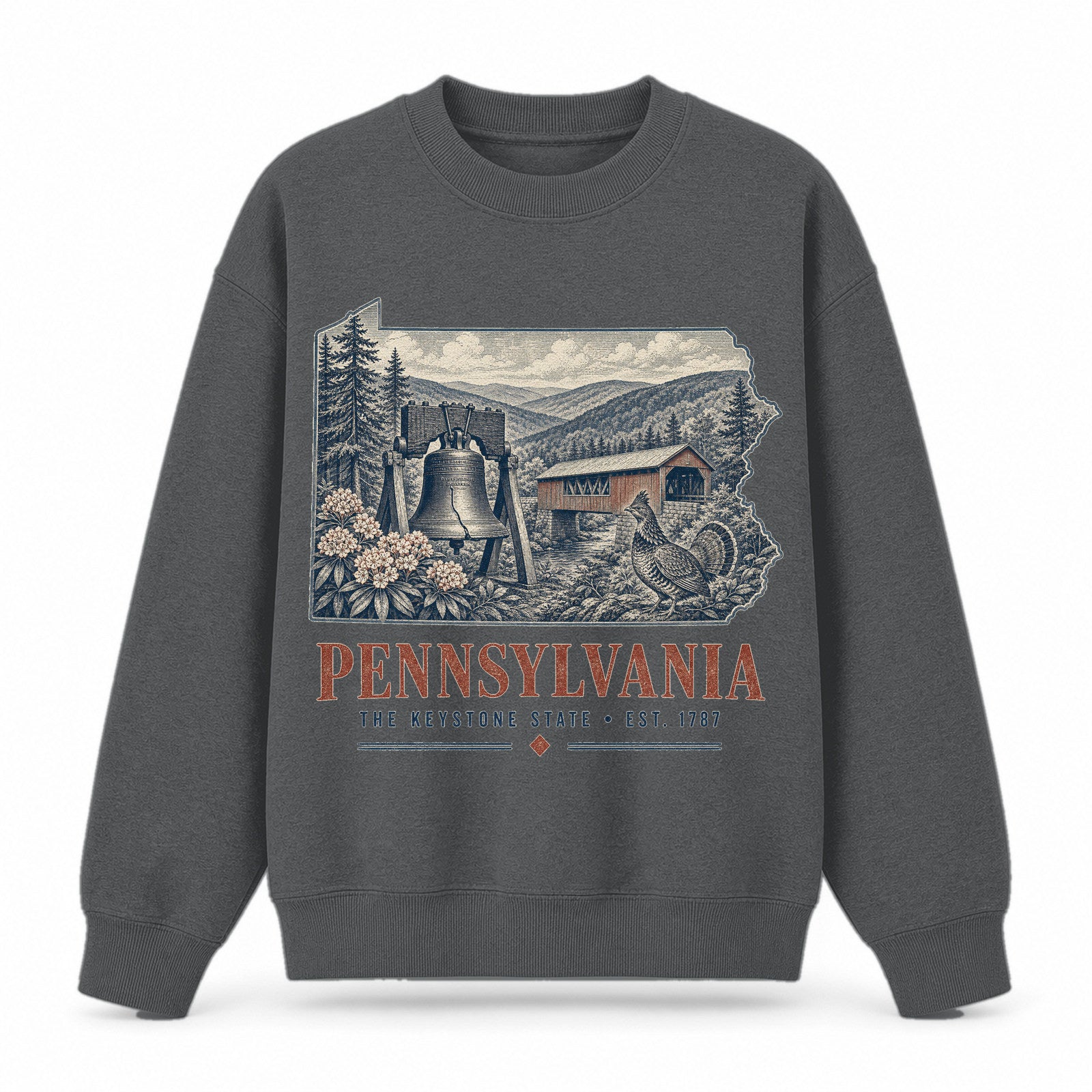 Vintage Pennsylvania State Graphic Crewneck Sweatshirt in Dark Gray, front view on a white background