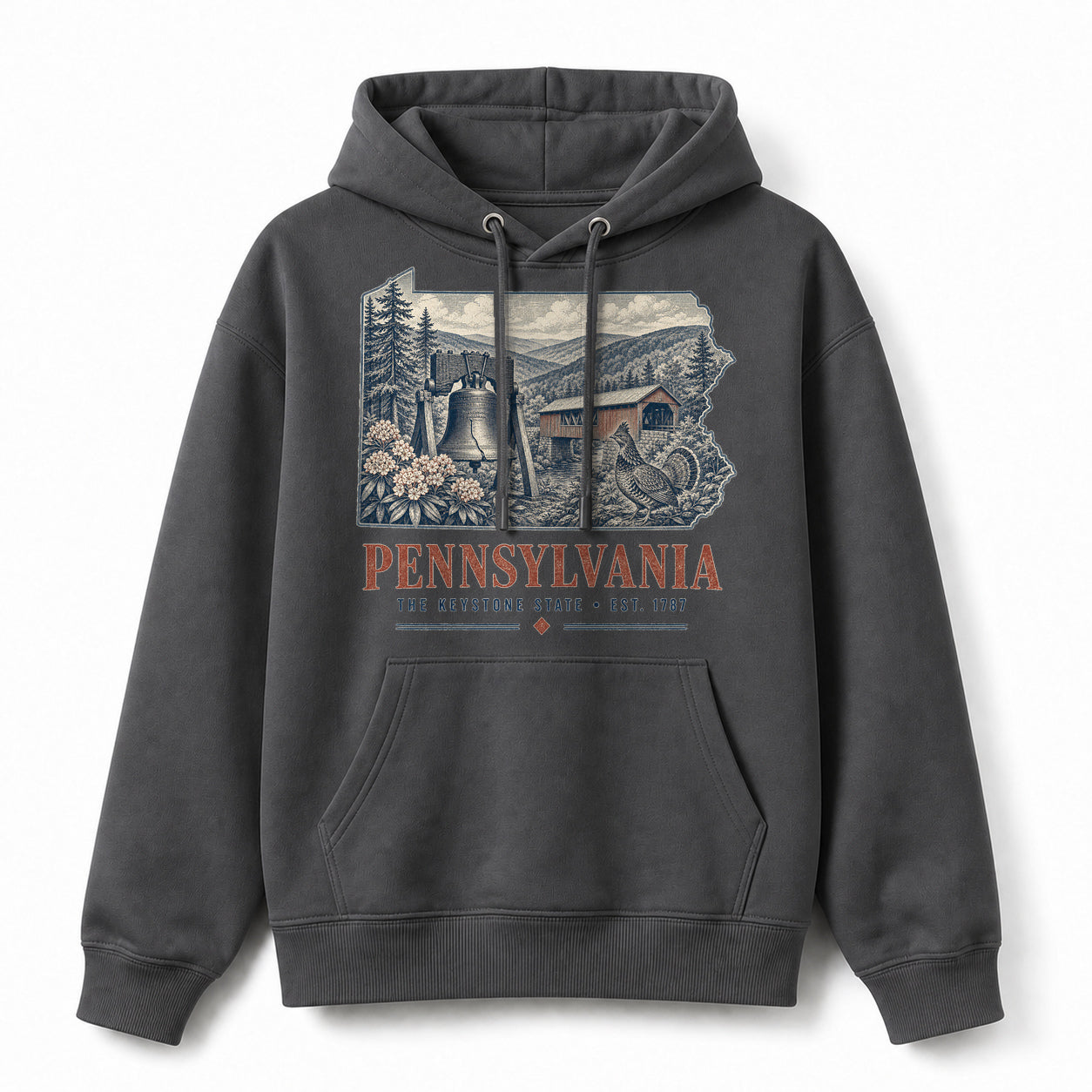 Vintage Pennsylvania State Graphic Pullover Hoodie in Dark Gray, front view on a white background