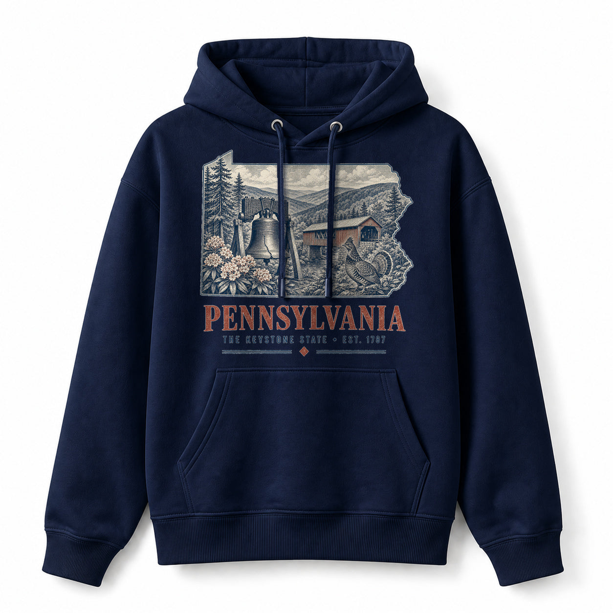 Vintage Pennsylvania State Graphic Pullover Hoodie in Navy, front view on a white background