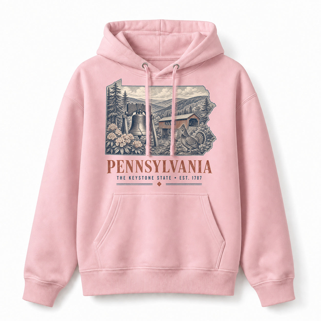 Vintage Pennsylvania State Graphic Pullover Hoodie in Light Pink, front view on a white background